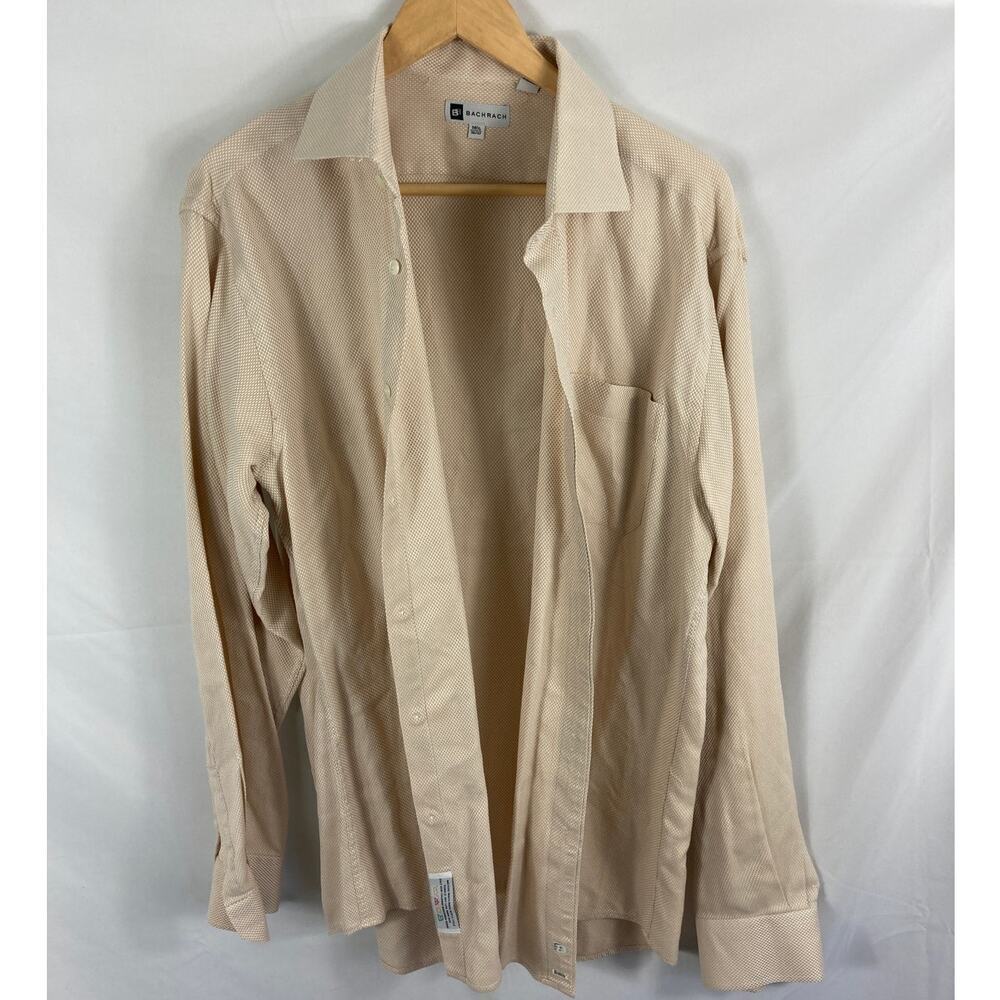 Bachrach Mens Tan White Button Down Long Sleeve Shirt Size 16.5 36/37